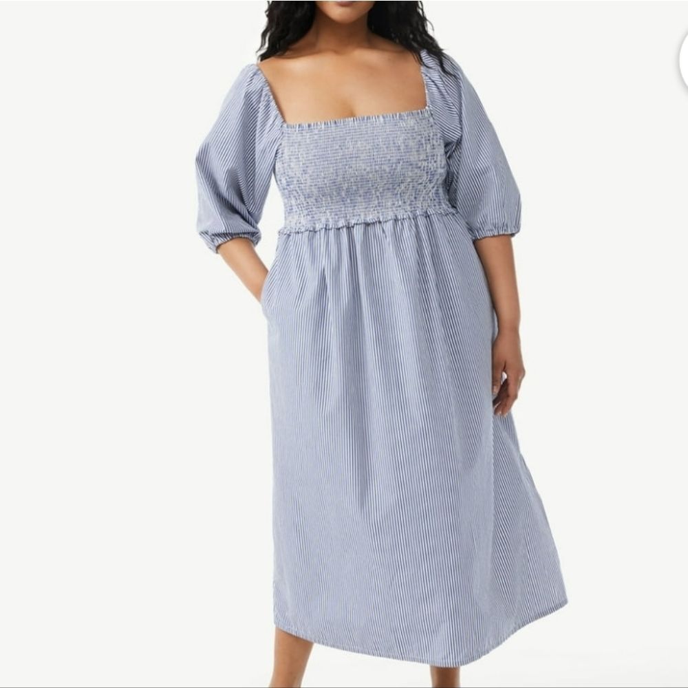 FREE ASSEMBLY striped smocked off shoulder‎ puff sleeve midi dress M